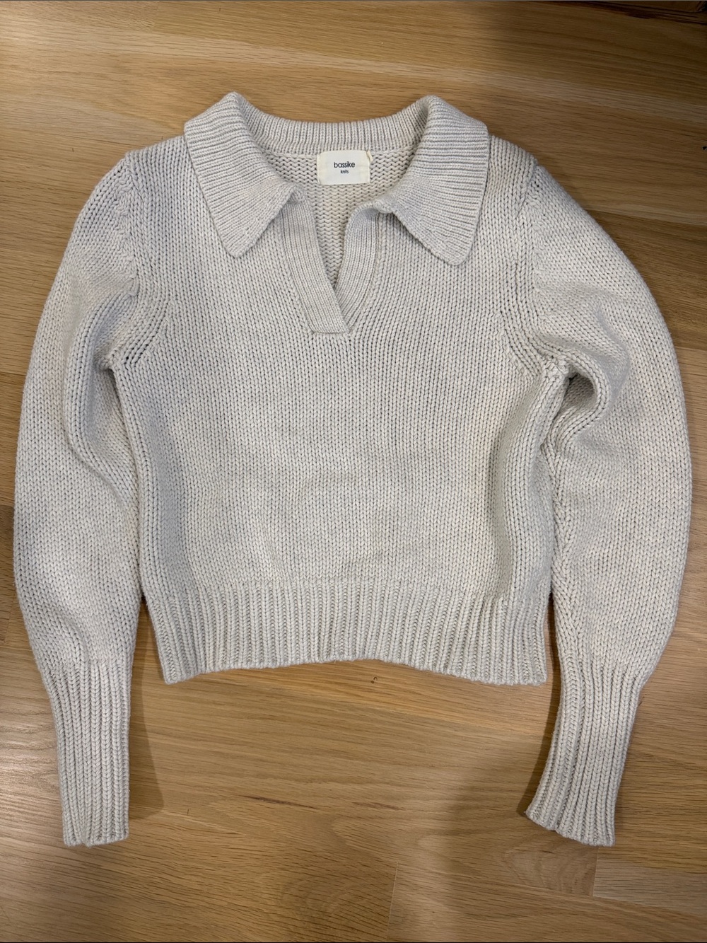 bassike Light Cream Collared V-Neck Knit Pullover